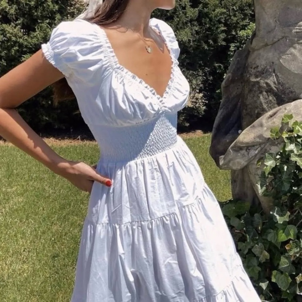 danielle bernstein white puff sleeve tiered midi dress